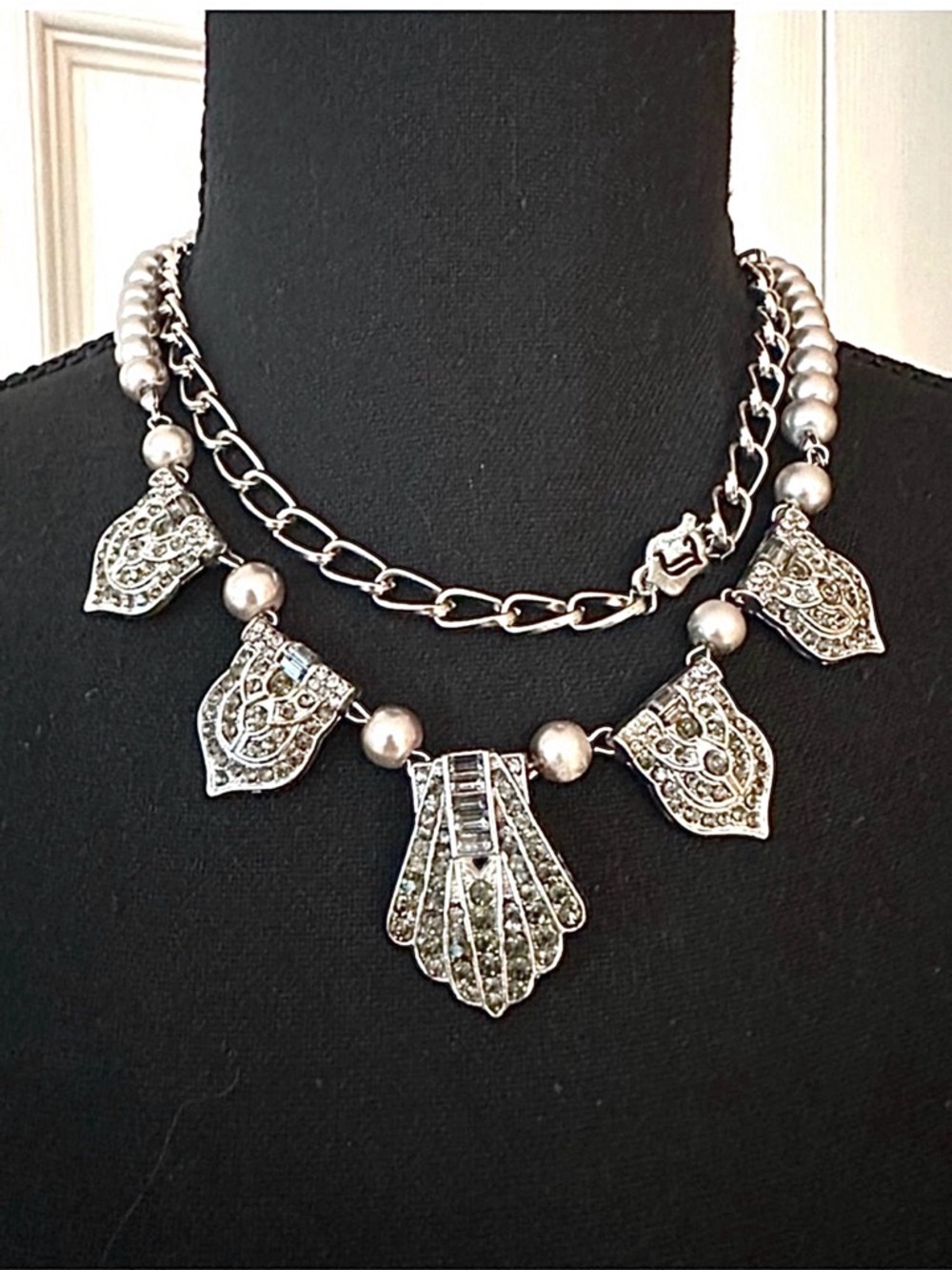 JUICY COUTURE ~ Silver-Tone Art Deco Statement Necklace w/Toggle Closure Y2K